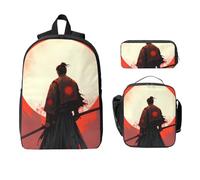 Ensemble sac à dos de motivation samouraï pour filles et garçons avec sac à déjeuner, trousse à crayons, guerrier japonais, 3 pièces sacs d'école isothermes, cadeaux pour femmes et hommes