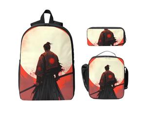 Ensemble sac à dos de motivation samouraï pour filles et garçons avec sac à déjeuner, trousse à crayons, guerrier japonais, 3 pièces sacs d'école isothermes, cadeaux pour femmes et hommes
