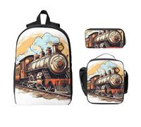 Ensemble sac à dos de transport avec locomotive à vapeur pour filles et garçons avec sac à déjeuner, trousse à crayons, train 3 pièces, sacs d'école, boîte à déjeuner isotherme, cadeaux pour femmes et
