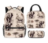 Ensemble sac à dos d'école avec sac à déjeuner et trousse à crayons, sac à dos d'école, sac à dos de voyage décontracté pour adolescents, filles, garçons, primaire, junior moyen, éléphants d'Afrique
