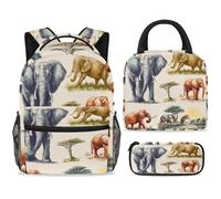 Ensemble sac à dos d'école avec sac à déjeuner et trousse à crayons, sac à dos d'école, sac à dos de voyage décontracté pour adolescents, filles, garçons, primaire, junior moyen, éléphants d'Afrique