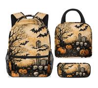 Ensemble sac à dos d'école avec sac à déjeuner, trousse à crayons, sac à dos d'école, sac à dos de voyage décontracté pour adolescents, filles, garçons, primaire junior, moyen, Halloween, cimetière