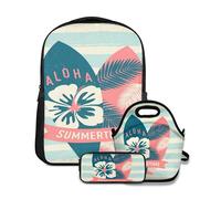 Ensemble sac à dos d'école, deux planches de surf et texte rouge Summertime bleu clair crème avec sac à déjeuner et trousse à crayons pour filles, garçons, adolescents, joli cartable imperméable