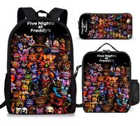 Ensemble sac à dos d'école Five Nights at Freddy's avec sac à lunch et trousse à crayons, glacière isotherme, boîte à lunch légère (01) Noir