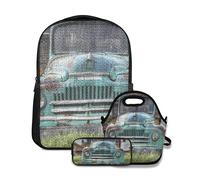 Ensemble sac à dos d'école, maison de ferme en bois avec camion rusic dans la forêt occidentale américaine, avec sac à déjeuner et trousse à crayons pour filles, garçons, adolescents, joli cartable