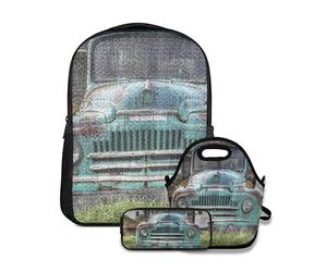 Ensemble sac à dos d'école, maison de ferme en bois avec camion rusic dans la forêt occidentale américaine, avec sac à déjeuner et trousse à crayons pour filles, garçons, adolescents, joli cartable