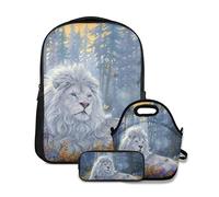 Ensemble sac à dos d'école, motif lion fantastique, safari, forêt mystique bleue avec fleurs et animaux sauvages blancs, papillon, peinture à l'huile, avec sac à déjeuner et trousse à crayons pour