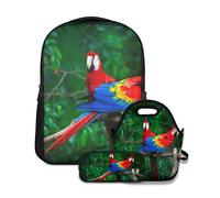 Ensemble sac à dos d'école, perroquets, aras, beaux oiseaux, jungle colorée, avec sac à déjeuner et trousse à crayons pour filles, garçons, adolescents, sac d'école mignon, sac à livres imperméable