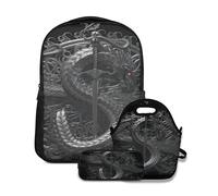 Ensemble sac à dos d'école, sculpture ornementale argentée d'un dragon avec épée symbole de monnaie dollars, avec sac à déjeuner et trousse à crayons pour filles, garçons, adolescents, joli cartable