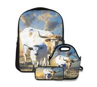 Ensemble sac à dos d'école, vache longue femelle pâturant dans un pâturage du Texas son jeune mollet, avec sac à déjeuner et trousse à crayons pour filles, garçons, adolescents, joli cartable