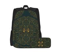 Ensemble sac à dos et trousse à crayons unisexe avec motif cercle asiatique de style rétro, sac à dos multifonction, deux pièces, sac d'école décontracté avec trousse à crayons pour garçons et filles