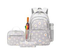 Ensemble sac à dos imprimé marguerite - 42 cm - Sac à dos d'école en nylon - 3 pièces - Motif floral - Polyester durable et léger - Avec sac à déjeuner - Trousse à crayons pour filles - Pour l'école
