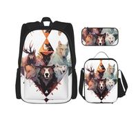 Ensemble sac à dos loups et rennes (3 pièces) - Sac d'école pour étudiant + trousse + sac à déjeuner + sac à dos de grande capacité