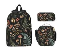 Ensemble sac à dos motif champignon forêt pour filles et garçons avec sac à déjeuner, trousse à crayons, motif floral floral, 3 pièces, sac d'école isotherme, cadeau pour homme et femme