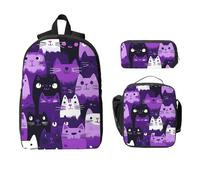 Ensemble sac à dos motif chat violet pour filles et garçons avec sac à déjeuner, trousse à crayons, chaton mignon, sac d'école, boîte à déjeuner isotherme, cadeau pour homme et femme