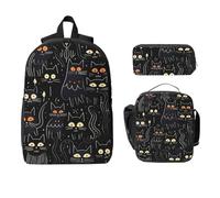 Ensemble sac à dos motif chats noirs pour filles et garçons avec sac à déjeuner, trousse à crayons, chaton de dessin animé, 3 pièces, sac d'école isotherme, cadeau pour femme et homme