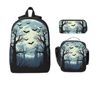 Ensemble sac à dos motif forêt pleine lune pour filles et garçons avec sac à déjeuner, trousse à crayons, chauve-souris d'Halloween, 3 pièces, sac d'école, boîte à déjeuner isotherme, cadeau pour
