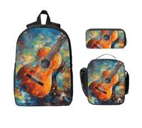 Ensemble sac à dos motif guitare aquarelle pour filles et garçons avec sac à déjeuner, trousse à crayons, musique colorée, 3 pièces, sacs d'école isothermes, cadeaux pour femmes et hommes