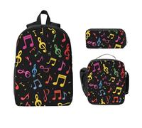 Ensemble sac à dos motif notes de musique pour filles et garçons avec sac à déjeuner, trousse à crayons, art coloré, 3 pièces, sacs d'école isothermes, cadeaux pour femmes et hommes