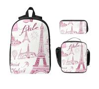 Ensemble sac à dos rétro Paris pour filles et garçons avec sac à déjeuner, trousse à crayons, tour Eiffel, 3 pièces, sacs d'école, boîte à déjeuner isotherme, cadeaux pour femmes et hommes