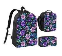 Ensemble sac à dos, sac à déjeuner, trousse à crayons, motif camélia, violet, 43,2 cm, tissu Oxford durable.