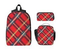 Ensemble sac à dos tartan rouge pour filles et garçons avec sac à déjeuner, trousse à crayons, grille vintage, 3 pièces, sacs d'école isothermes, cadeaux pour femmes et hommes