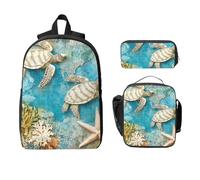 Ensemble sac à dos tortues de mer corail pour filles et garçons avec sac à déjeuner, trousse à crayons rétro nautique, 3 pièces, sac d'école isotherme, cadeau pour homme et femme