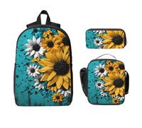 Ensemble sac à dos tournesol en bois turquoise pour filles et garçons avec sac à déjeuner, trousse à crayons vintage, 3 pièces, sacs d'école isothermes, cadeaux pour femmes et hommes