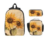 Ensemble sac à dos vintage tournesol abeille pour filles et garçons avec sac à déjeuner, trousse à crayons, motif floral jaune, 3 pièces, sac d'école isotherme, cadeau pour homme et femme