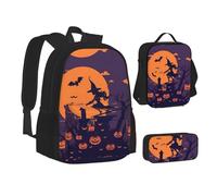 Ensemble sac d'école imprimé sorcière volante Halloween sac déjeuner trousse à crayons combinaison pour l'école, le camping, les voyages, Noir , Taille unique