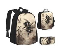 Ensemble sac d'école imprimé sorcière volante Halloween sac déjeuner trousse à crayons combinaison pour l'école, le camping, les voyages, Noir , Taille unique
