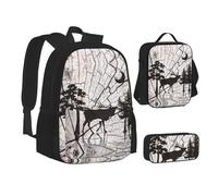 Ensemble sac d'école, sac à déjeuner, trousse à crayons avec motif d'élan sauvage, pour l'école, le camping, les voyages, Noir , Taille unique