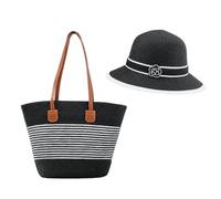 Ensemble Sac et Chapeau en Paille Femme Cabas Raphia Chic Sac a Main avec Fermeture Éclair Chapeau de Solaire d'été à Large Bord pour Plage Voyage Vacances