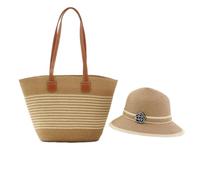 Ensemble Sac et Chapeau en Paille Femme Cabas Raphia Chic Sac a Main avec Fermeture Éclair Chapeau de Solaire d'été à Large Bord pour Plage Voyage Vacances