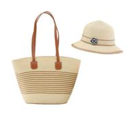 Ensemble Sac et Chapeau en Paille Femme Cabas Raphia Chic Sac a Main avec Fermeture Éclair Chapeau de Solaire d'été à Large Bord pour Plage Voyage Vacances