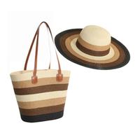 Ensemble Sac et Chapeau en Paille Femme Cabas Raphia Chic Sac a Main avec Fermeture Éclair Chapeau de Solaire d'été à Large Bord pour Plage Voyage Vacances