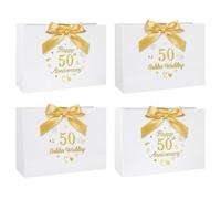 Ensemble Sacs Cadeaux Blanc Or, Sac Cadeau Mariage Or avec Ruban Sac Cadeau 50 Ans Anniversaire avec Poignées 4 Pièces 30 x 21 x 10 cm Grand Sacs Cadeaux pour Anniversaire Mariage