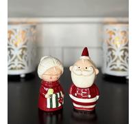Ensemble salière et poivrière de Noël en céramique Père Noël et Mme Claus, 10,7 cm et 9,4 cm de haut, rouge et blanc