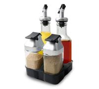 Ensemble Salière et Poivrière en Verre, Bouteilles de Vinaigre et D'huile avec Bec Verseur, Salière 2 en 1 avec Couvercle, Boîte à épices avec Trous de Saupoudrage, Kit de Menage pour Vinaigre