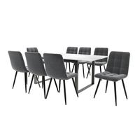 Ensemble salle à manger 9pcs 140-180x80cm table moderne blanc MDF pieds noirs + 8 chaises velours gris
