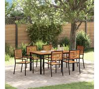Ensemble salle à manger jardin vidaXL poly rotin noir et acacia 7 pièces, Chaises jardin empilables vidaXL 2 pcs avec coussins en poly rotin noir, Table jardin vidaXL 150x90x75 cm en bois acacia solid