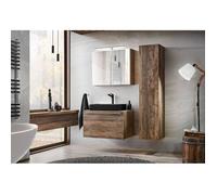 Ensemble salle de bain avec meuble vasque 80 cm + plateau + cabinet miroir + colonne - Rosario Oak