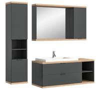 Ensemble Salle de Bain NOYA Gris - Meuble sous Vasque, Miroir avec Rangement et Colonne Suspendue