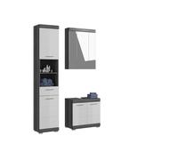 Ensemble salle de bain SCOTT - Meuble sous vasque, meuble de rangement avec miroir et colonne - Gris foncé et blanc