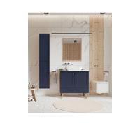 Ensemble salle de bain Valencia avec meuble + vasque + Miroir + Colonne couleur bleu / chene artisan --