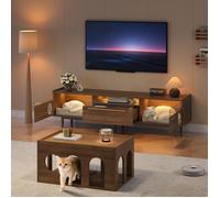 Ensemble Salon 2 Pièces - Meuble TV avec Espace Chat et LED, Table Basse en Bois Noyer, Interaction Humain-Animal, Noyer