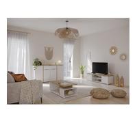 Ensemble Salon ACCESS : Table basse + Banc TV + Enfilade 4 portes - Decor chêne Hamilton et blanc