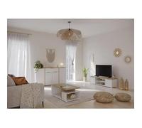 Ensemble Salon Access : Table Basse + Banc Tv + Enfilade 4 Portes - Decor Chene Hamilton Et Blanc Blanc