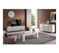 JEMMA - Ensemble Salon Blanc Décor Doré Meuble TV + Buffet avec Leds + Table Basse -