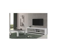 Ensemble Salon Blanc et Gris Marbré Meuble TV 3 Portes + Table Basse Carrée - DENAE -